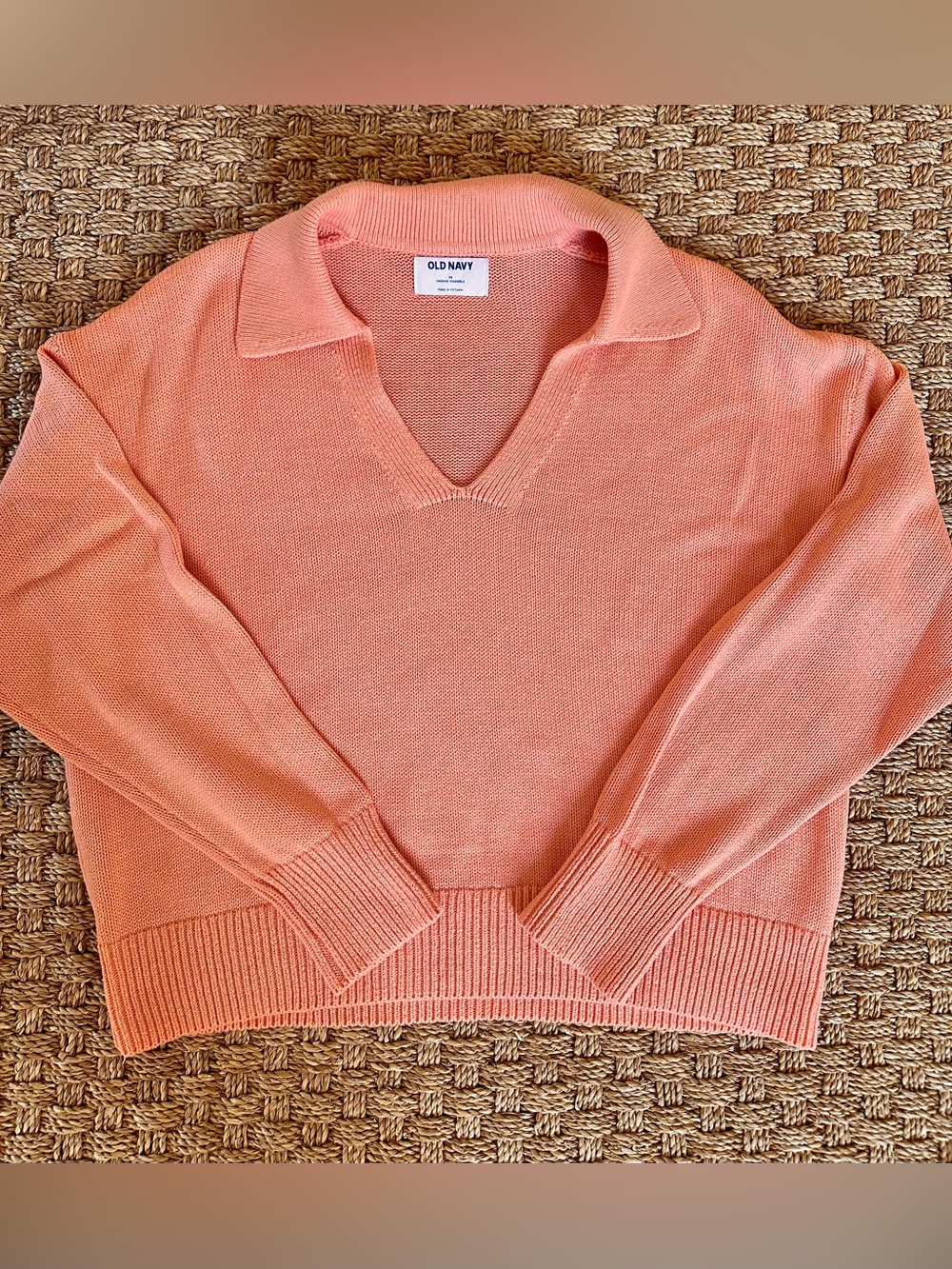 NWOT Old Navy Peach/Tangerine 100% Cotton Collared V-Neck Sweater M